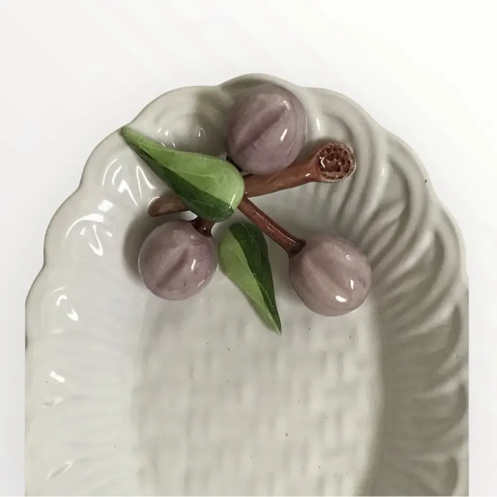 Elegant White Ceramic Trinket Plate Dish with Purple Grapes by Jay Willfred